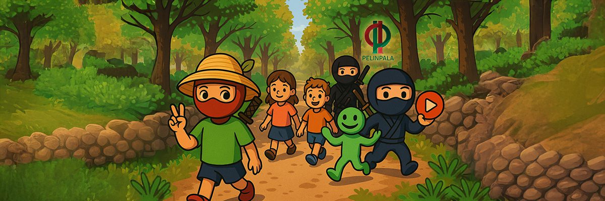 Kolme Pelinpalan ninja-hahmoa metsässä; kuvitusta digiturvan, medialukutaidon ja tulostettavien oppimispelien materiaaleista alakoululle.