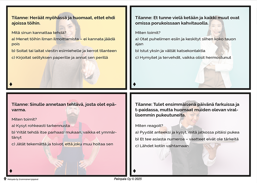 Ensimmäinen työpäivä! -pelin tilanne- ja kysymyskortteja, joissa harjoitellaan toimimista erilaisissa työelämän arjen tilanteissa.