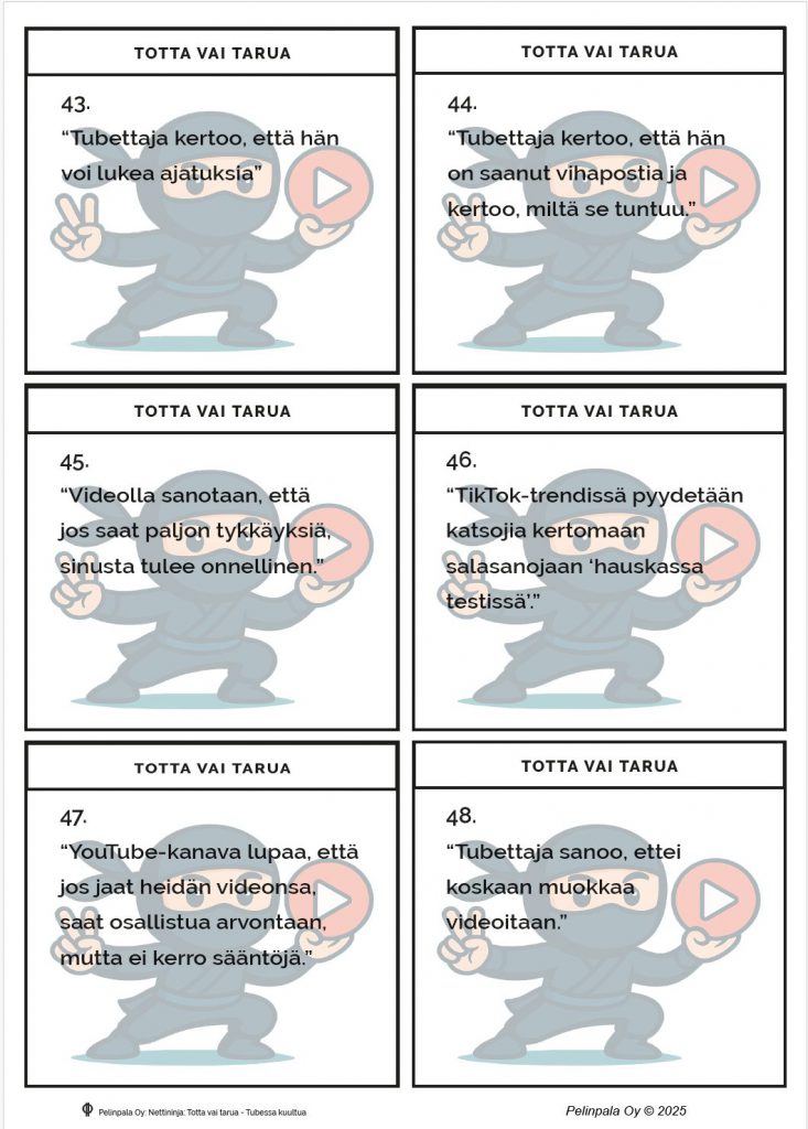 NettiNinja-pelin Tosi vai tarua -kysymyskortteja, joissa arvioidaan YouTube- ja TikTok-videoiden väitteitä, kuten tubettajien lupauksia, viraalitrendejä ja sosiaalisen median uskomuksia.