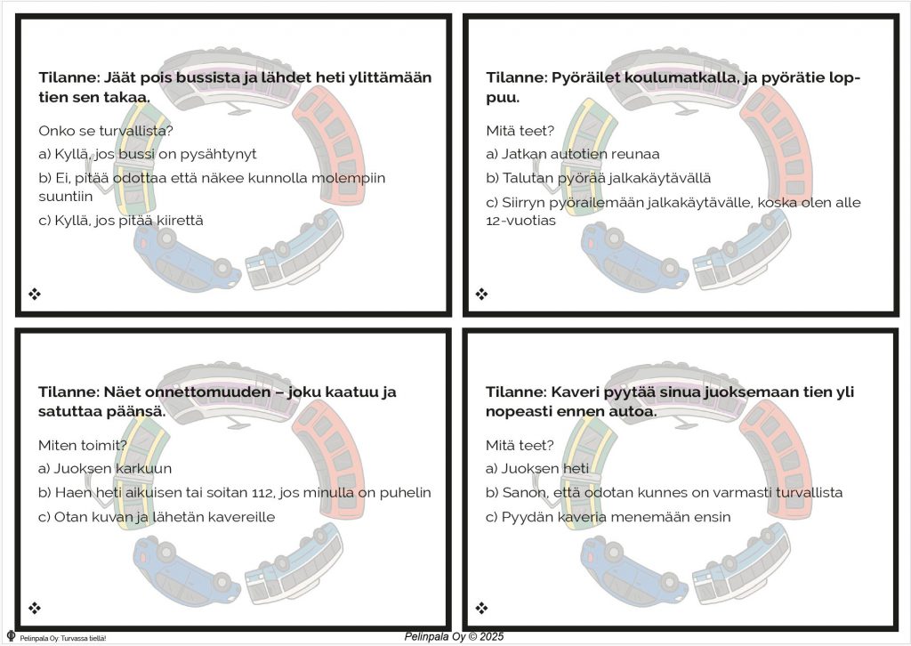 Turvassa tiellä! -pelin tilannekortteja, joissa käsitellään liikenneturvallisuutta ja turvallisia valintoja arjen liikennetilanteissa.