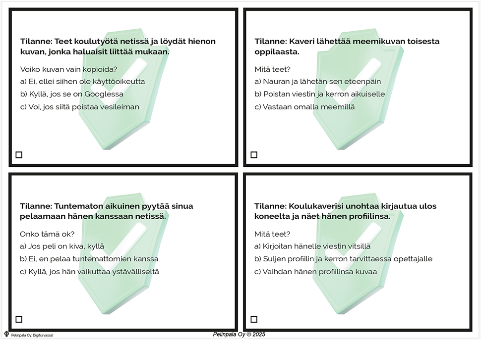 Digiturvassa!-pelin tilannekortteja, joissa käsitellään digiturvaa, nettikäyttäytymistä ja turvallisia valintoja verkossa.