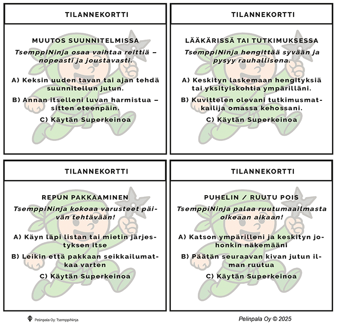 TsemppiNinja-pelin tilannekortteja.