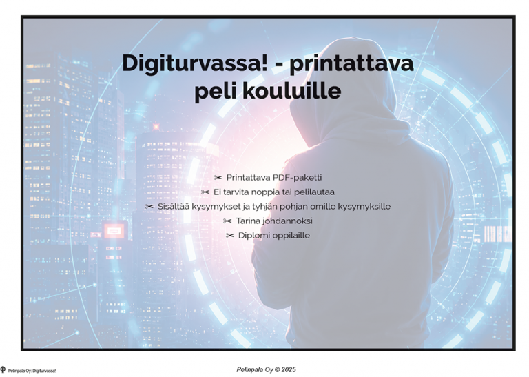 Digiturvassa!-pelin kansikuva, jossa käsitellään arjen digiturvaa ja medialukutaitoa lapsille.