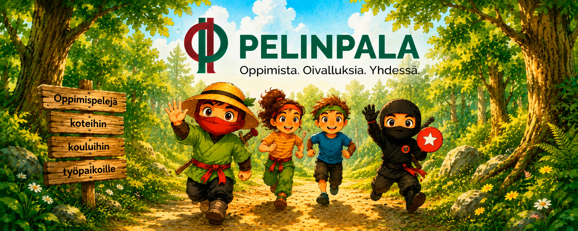 Akvarellityylinen kuvitus aurinkoisesta metsäpolusta, jossa KesäNinja, SalaNinja ja kaksi lasta juoksevat iloisesti kohti katsojaa. Taustalla näkyy vehreä metsä, kukkia ja puisia opastekylttejä. Yläreunassa Pelinpalan logo ja teksti “Oppimista. Oivalluksia. Yhdessä.”